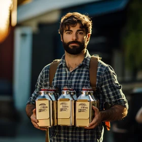 Man in Plaid Shirt with Milk Bottles at Sunset