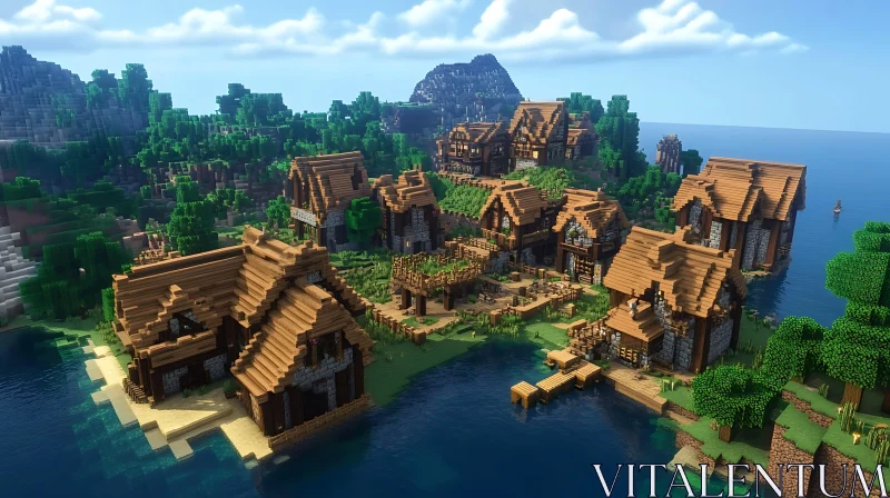 Serene Voxel Art: Medieval Seaside Village AI Image