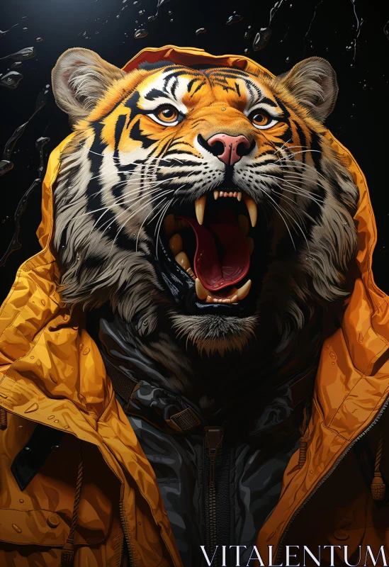 AI ART Tiger Growling in Yellow Raincoat