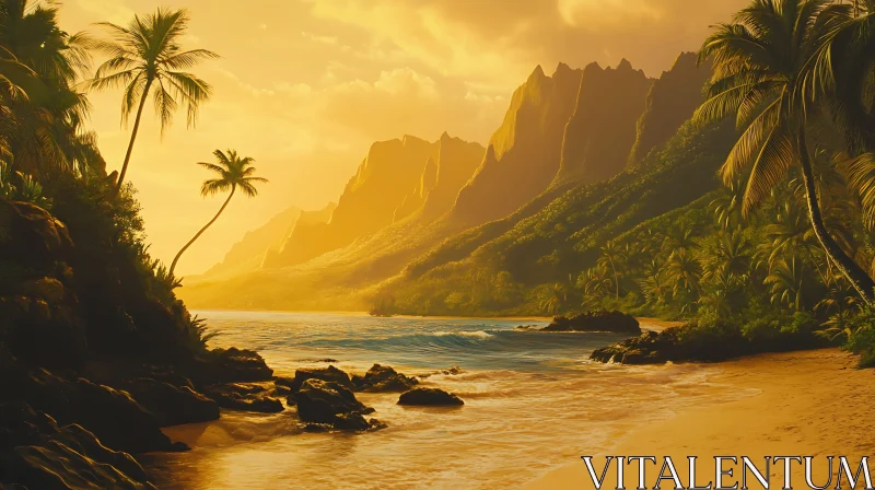 AI ART Golden Hour at a Tropical Beach with Mountains and Palm Trees