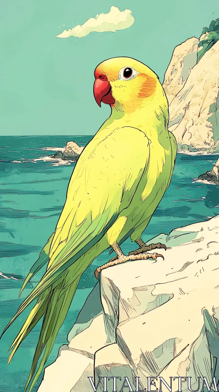 AI ART Green Parrot by the Sea