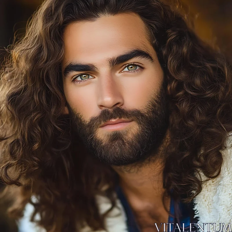 Bearded Man with Green Eyes Close-Up AI Image