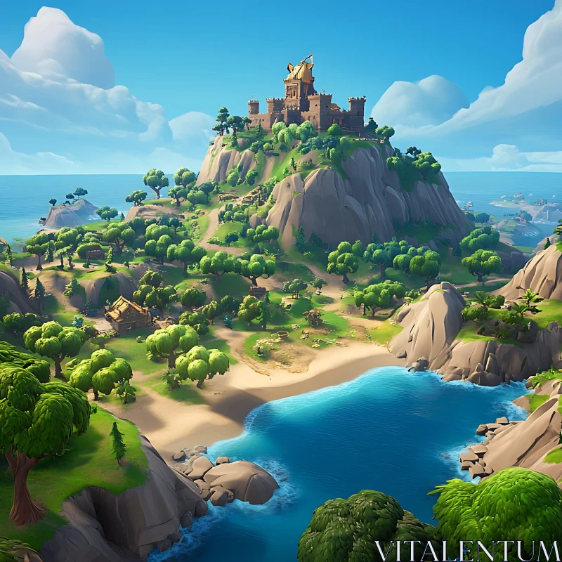 Serene Island Landscape with Hilltop Castle AI Image