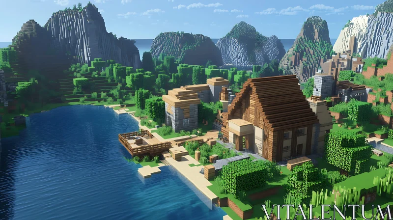 Scenic Minecraft Village Landscape AI Image