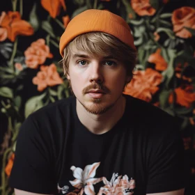 Young Man with Orange Beanie and Floral Backdrop