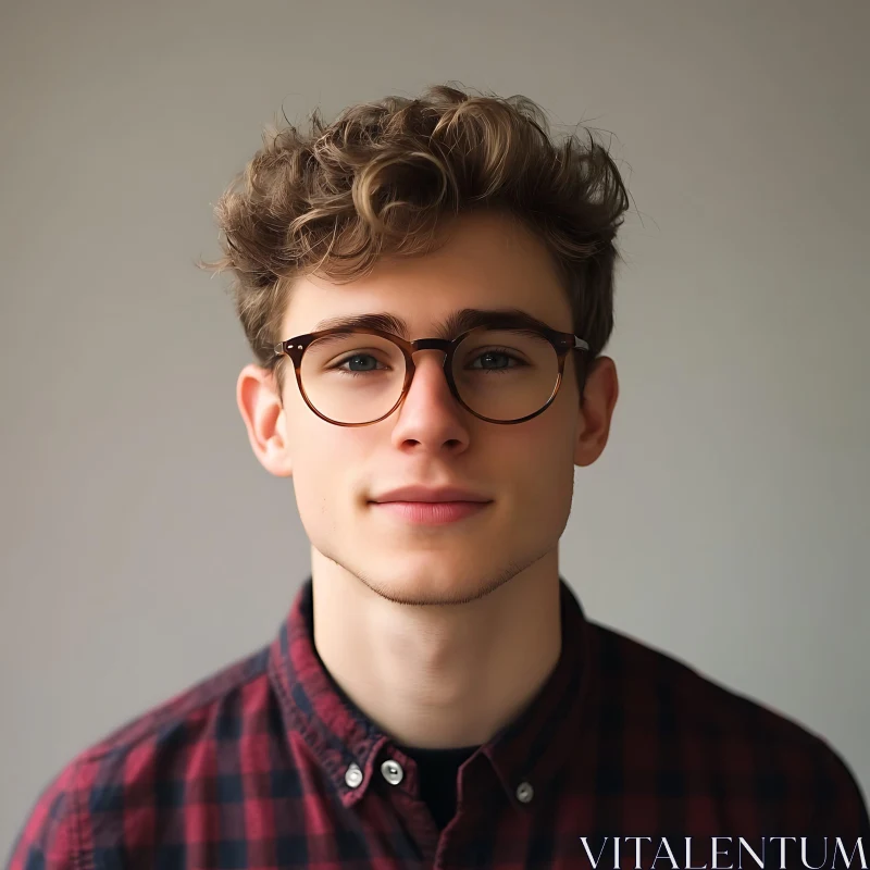 Portrait of a Young Man with Curly Hair and Glasses AI Image