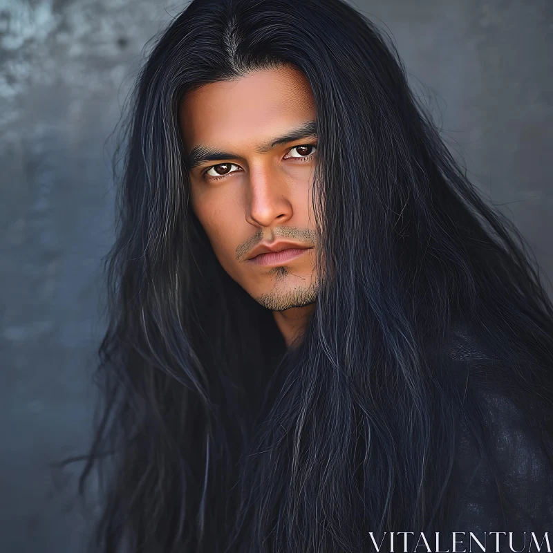 Man with Long Flowing Black Hair in Intense Portrait AI Image