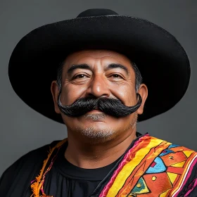 Smiling Man in Black Hat and Colorful Traditional Attire