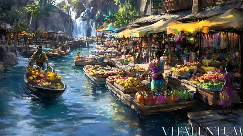 Lively Market by the Cascading Waterfall AI Image