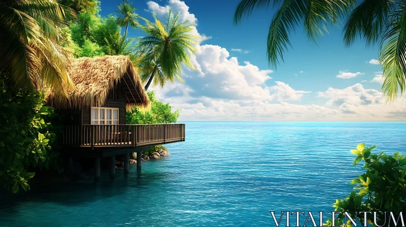 Peaceful Island Scene with Ocean and Palm Trees AI Image