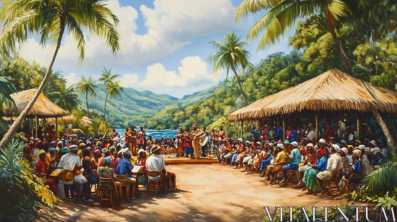 Community Performance Amidst Lush Tropical Backdrop AI Image