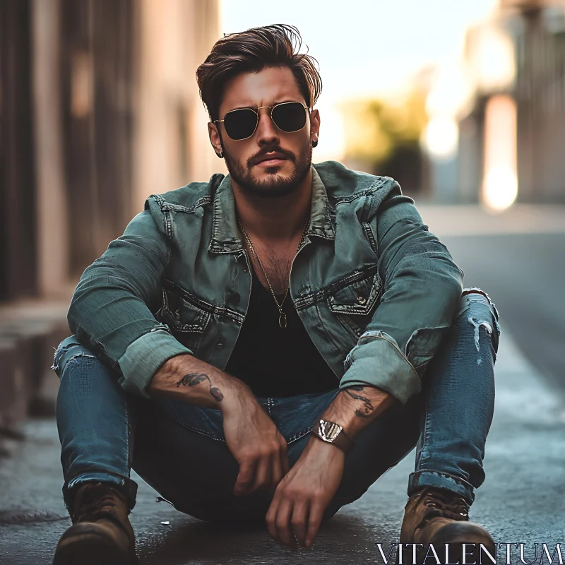 Cool Man with Sunglasses and Tattoos in Urban Setting AI Image