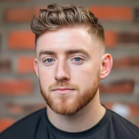 Man with Blue Eyes and Beard Against Brick Wall