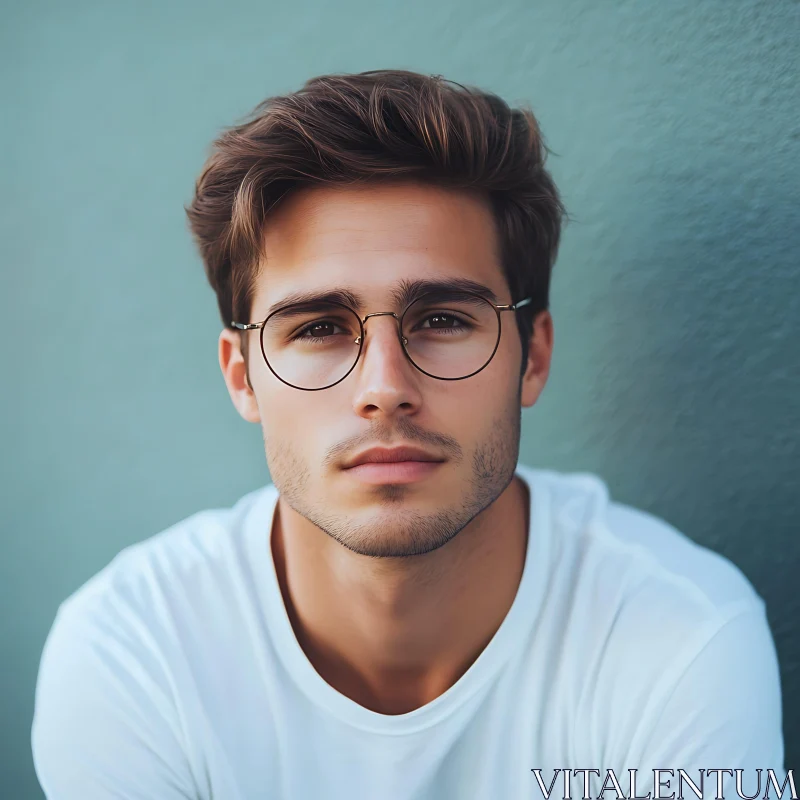 Contemplative Young Man with Round Glasses AI Image