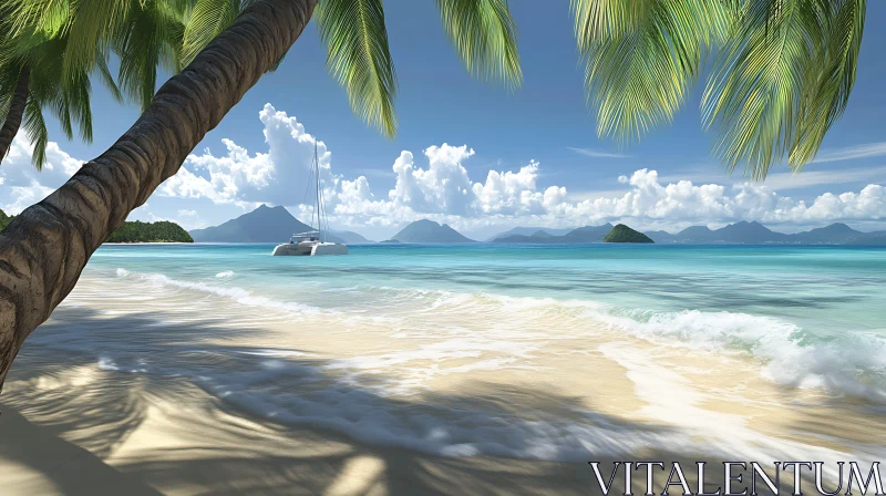 AI ART Serene Tropical Beach with Sailing Catamaran