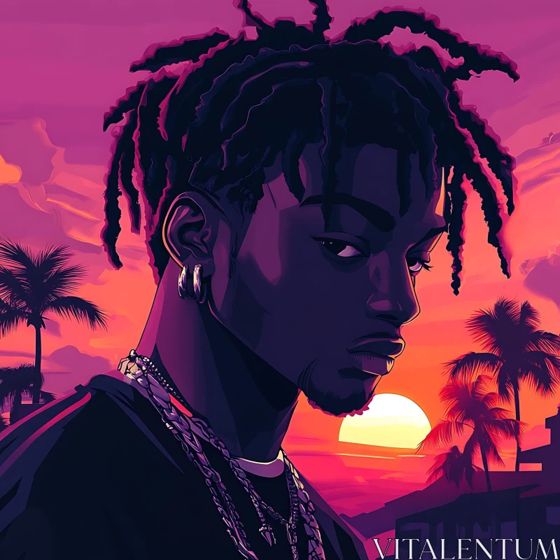 Man with Dreadlocks Amidst Sunset and Palms AI Image