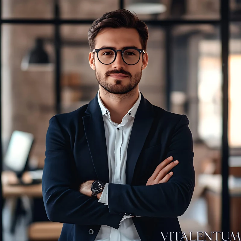 Confident Businessman with Glasses in Modern Office AI Image