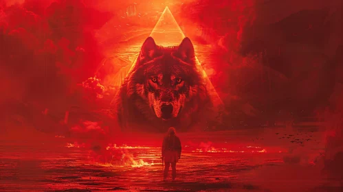 Enigmatic Wolf in Fiery Red Scene