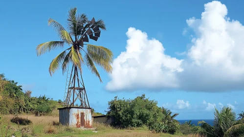 Serene Rural Windmill Scene with Blue Sky and Green Landscape