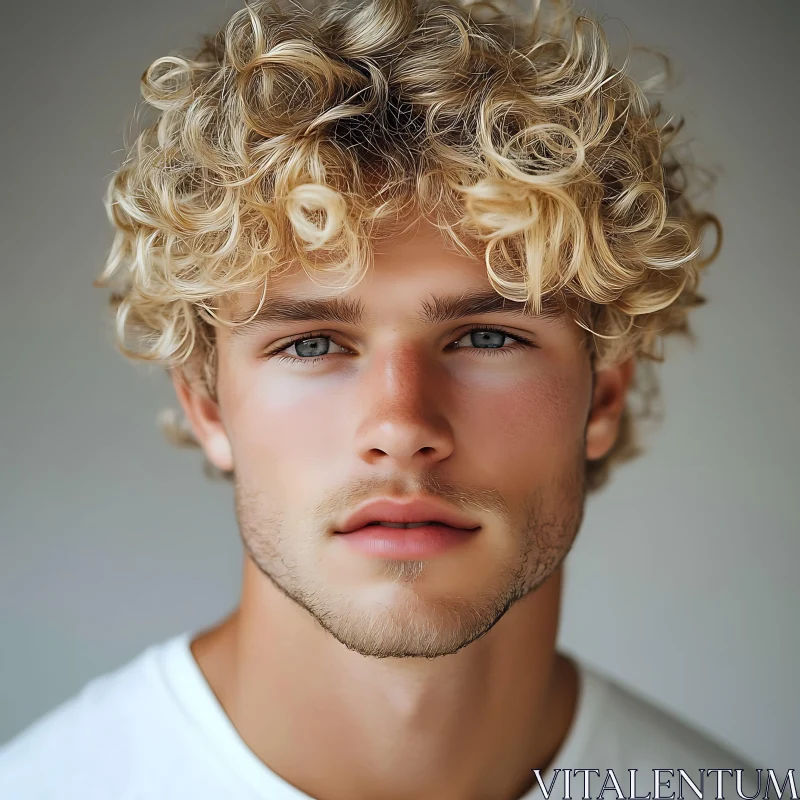 Curly Blonde Haired Young Man Close-Up AI Image