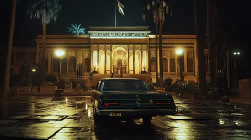 Night Scene of a Classic Car by a Lit Building