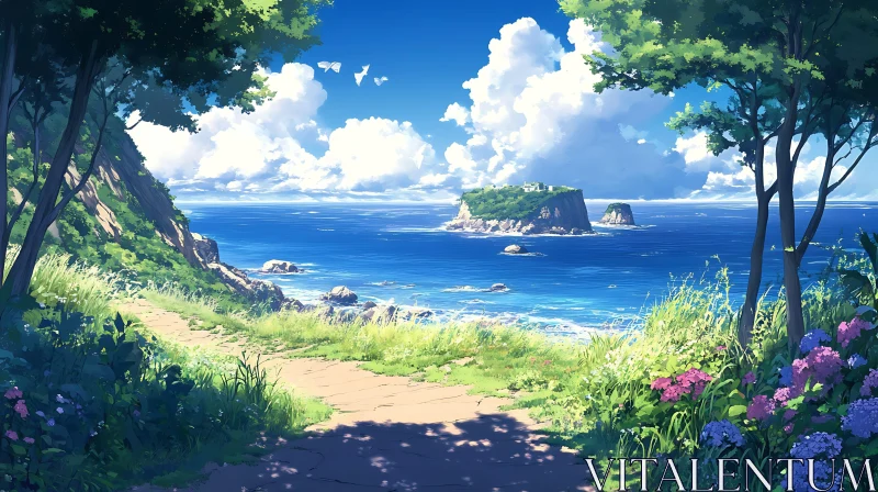 Peaceful Seaside Path with Lush Greenery and Distant Islands AI Image