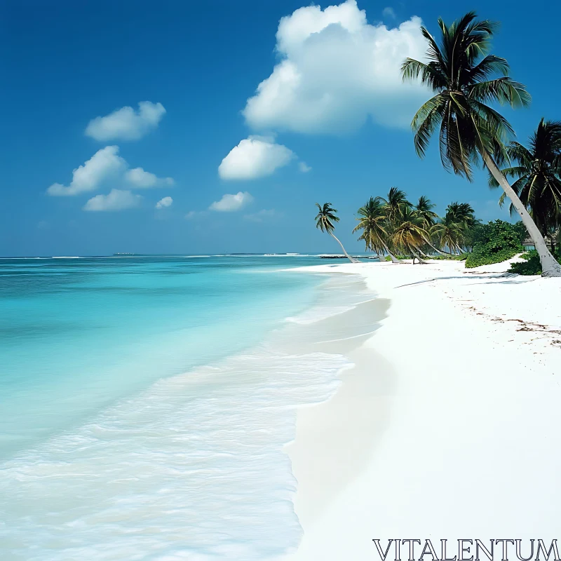 Tranquil Beach Scene with Palm Trees and Clear Blue Sky AI Image