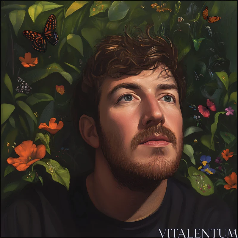 Man in Nature with Butterflies and Flowers AI Image