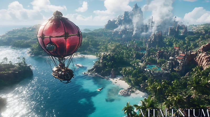 Adventure Above a Scenic Island in a Hot Air Balloon AI Image