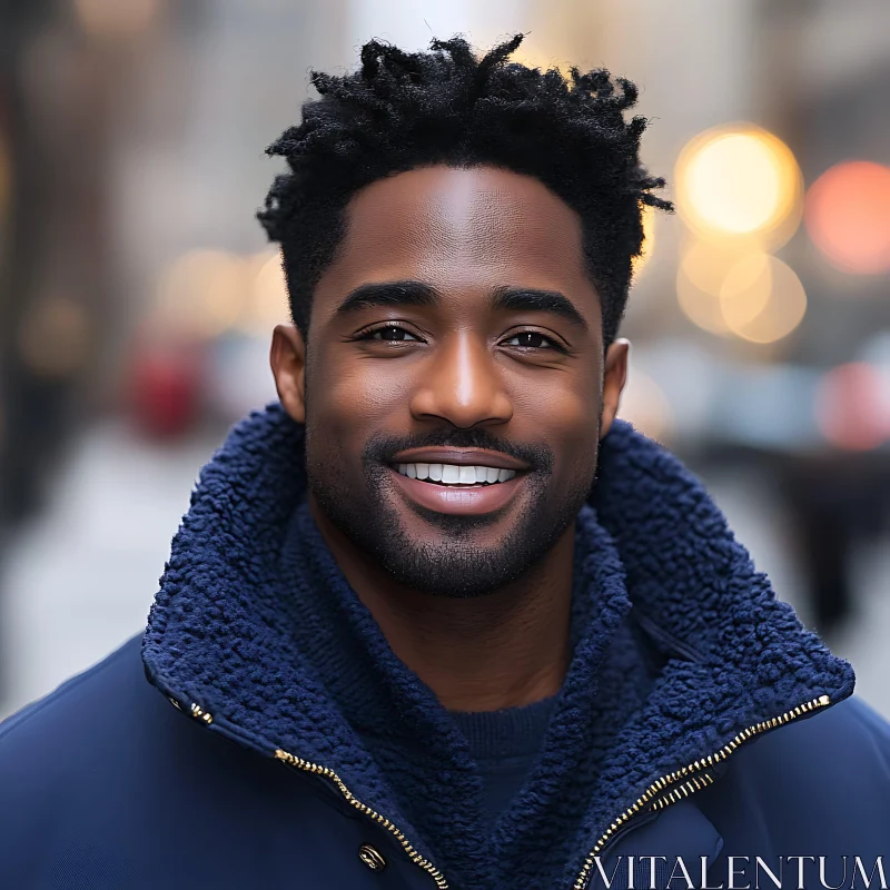 Outdoor Portrait of a Smiling Man in Blue Jacket AI Image