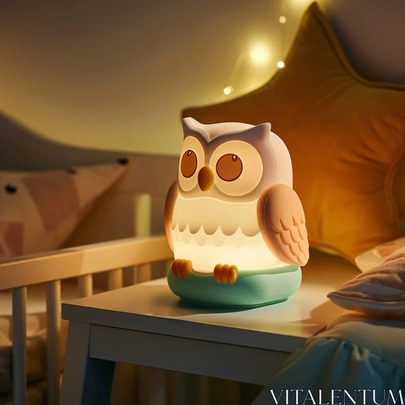 Warm Glow of Owl Night Lamp on Bedside Table AI Image