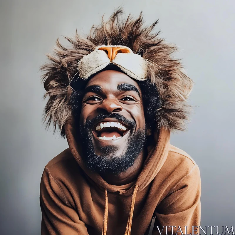 Joyful Man in Playful Lion Headpiece AI Image