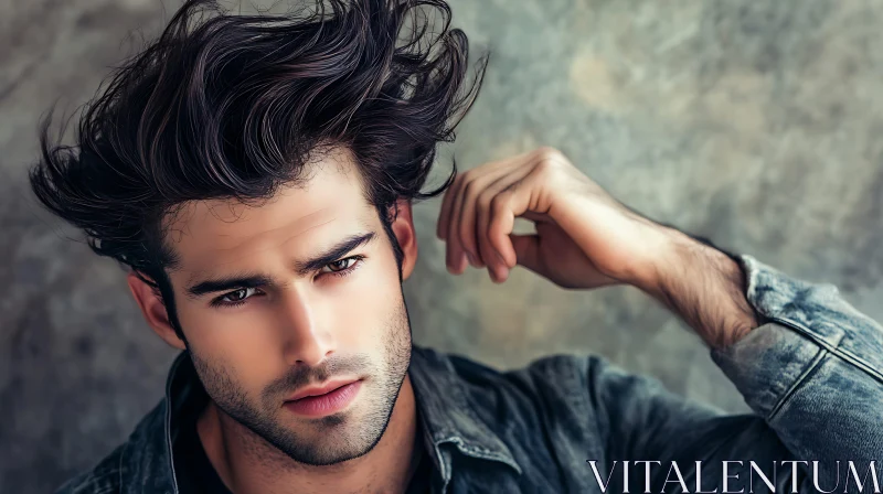 Thoughtful Young Man with Piercing Eyes and Denim Jacket AI Image