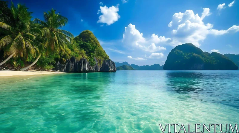 Serene Island Beach with Turquoise Water and Hills AI Image