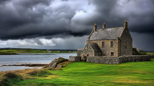 Lakeside Stone House Against Dark Clouds