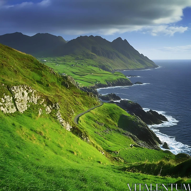 Scenic Coastal View of Green Hills, Cliffs, and Mountains AI Image