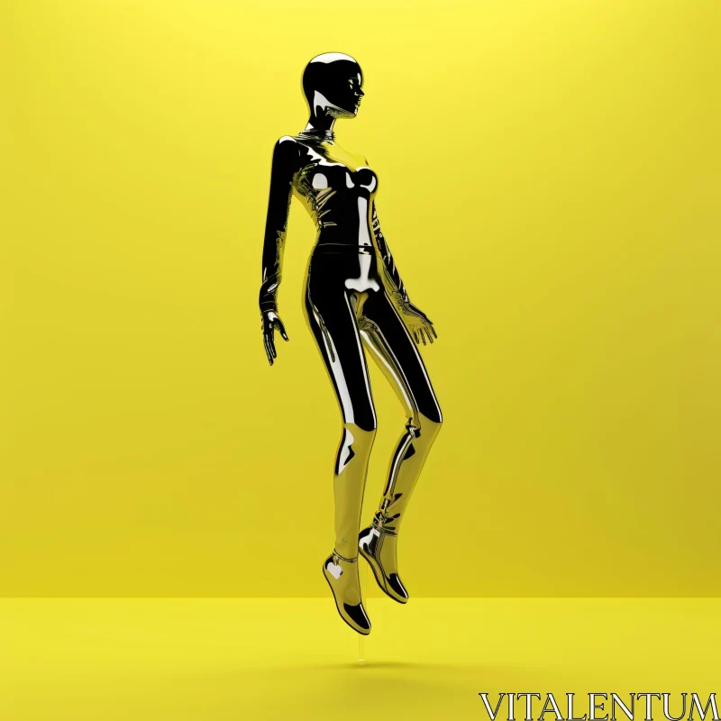 AI ART Futuristic Chrome Figure on Bright Yellow