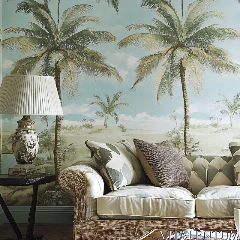 AI ART Serene Palm Tree Mural in Home Interior