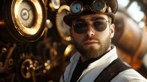 Steampunk Man with Goggles and Clockwork Background