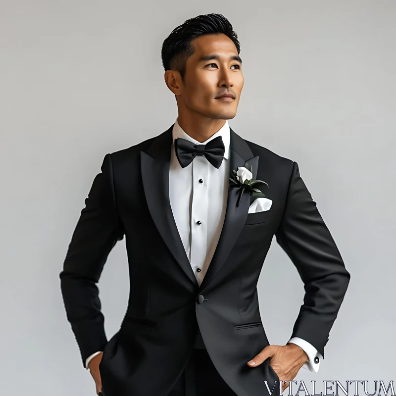 Stylish Man in Black Suit and Bow Tie AI Image