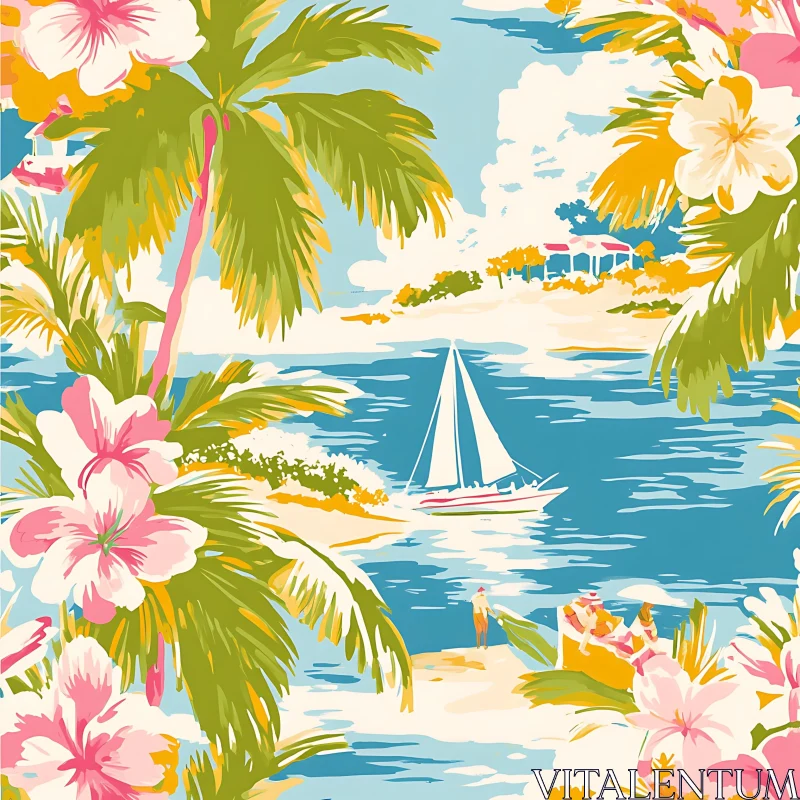 Colorful Tropical Beach with Sailboat and Palm Trees AI Image