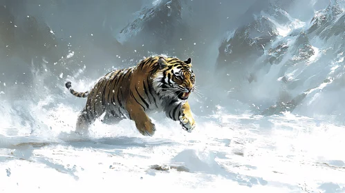 Fierce Tiger in Snow-Covered Mountain Landscape