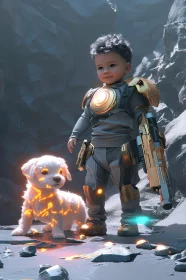 Cyber Child and Luminous Pet in Rocky Terrain