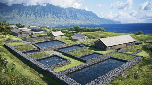 Tranquil Countryside with Stone-Walled Ponds and Mountain View