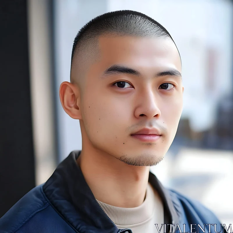 Focused Gaze Portrait of a Shaved Head Young Man AI Image