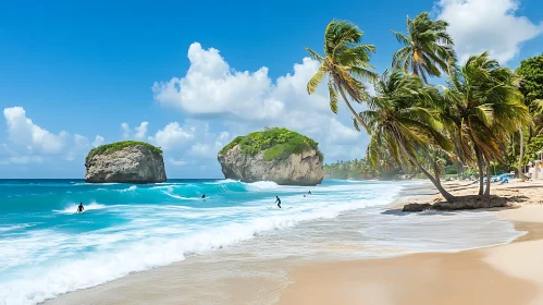 Idyllic Seaside Surfing Spot with Rock Formations