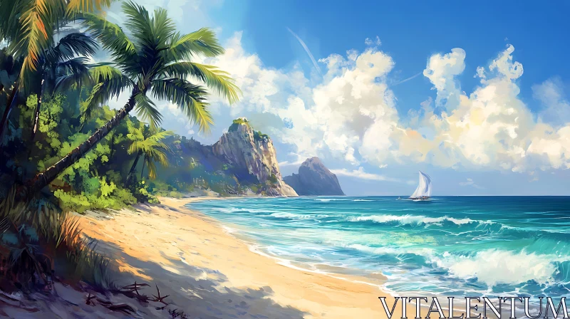 Idyllic Tropical Beach with Sailboat and Palm Trees AI Image