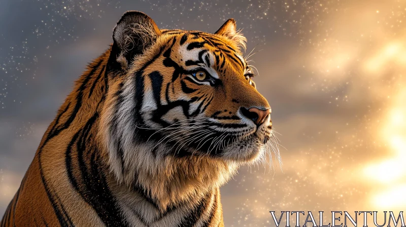 AI ART Regal Tiger Against Sunset with Glittering Background