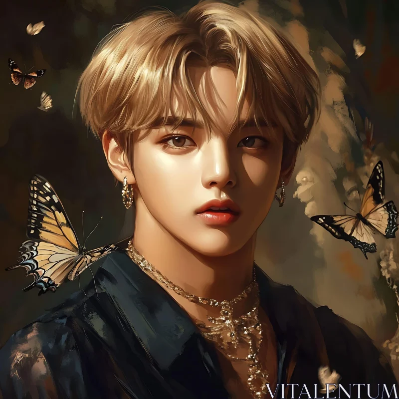 Butterfly Adorned Young Person Portrait AI Image