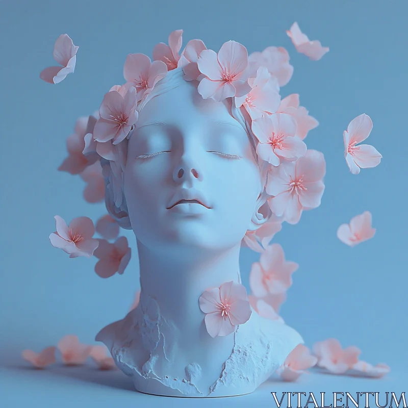 AI ART Tranquil Head Sculpture with Floating Blossoms